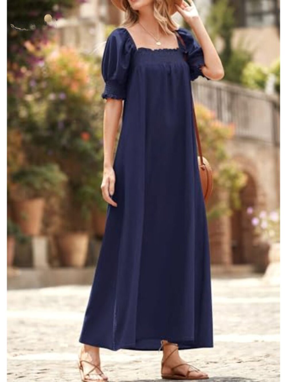 Women's Casual Loose Fit Maxi Dress with Pockets - Puff Sleeve Square Neck